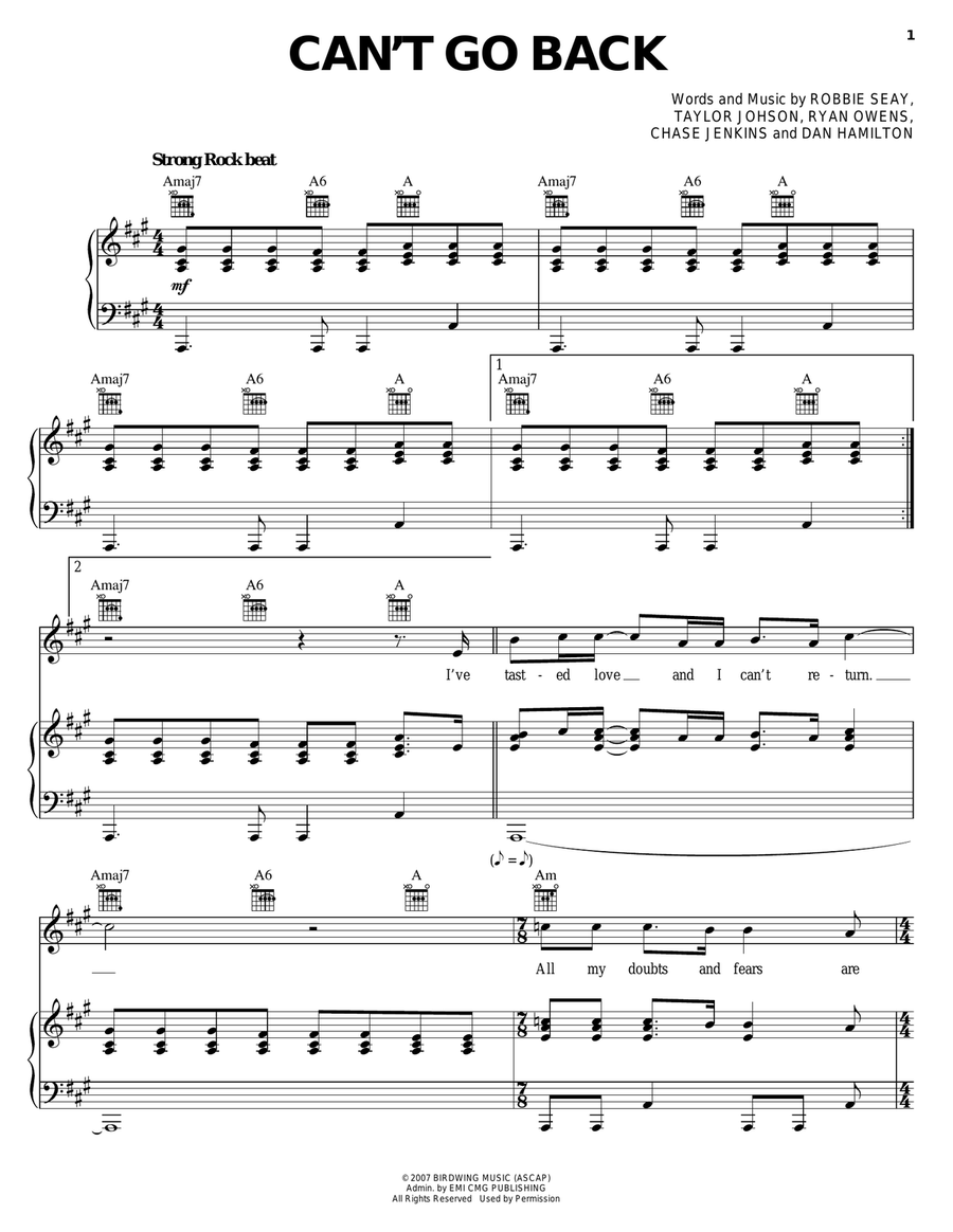 Can't Go Back Piano, Vocal, Guitar scores gallery preview page 1