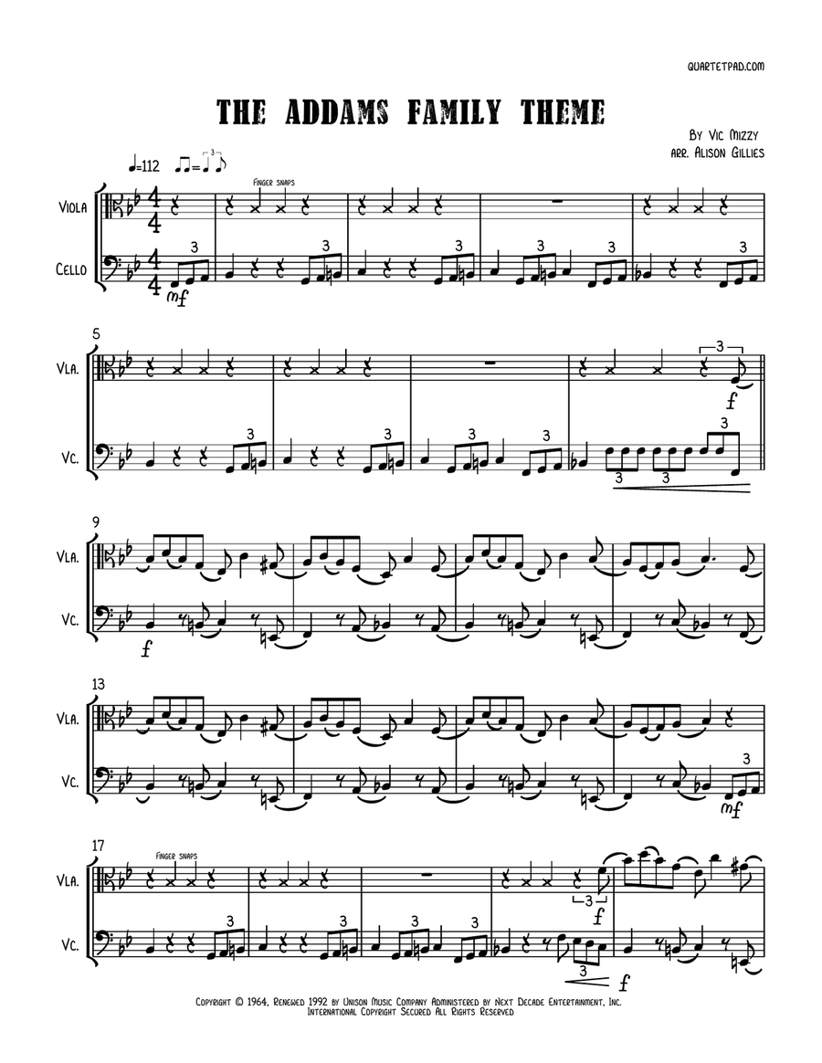 Addams Family Theme String Duet scores gallery preview page 1