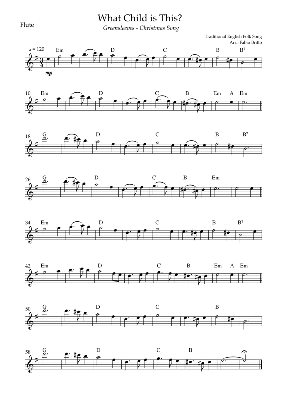 What Child is This? - Greensleeves (Christmas Song) for Flute Solo with Chords Flute Solo scores gallery preview page 1