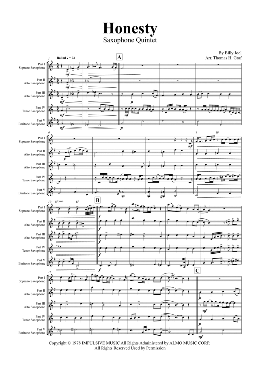 Honesty Saxophone Quintet scores gallery preview page 1