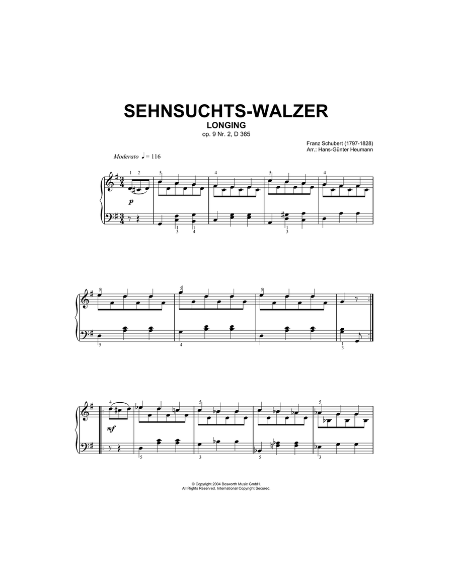 Sehnsuchts-Walzer (Longing), Op.9, No.2, D365 Piano Solo scores gallery preview page 1