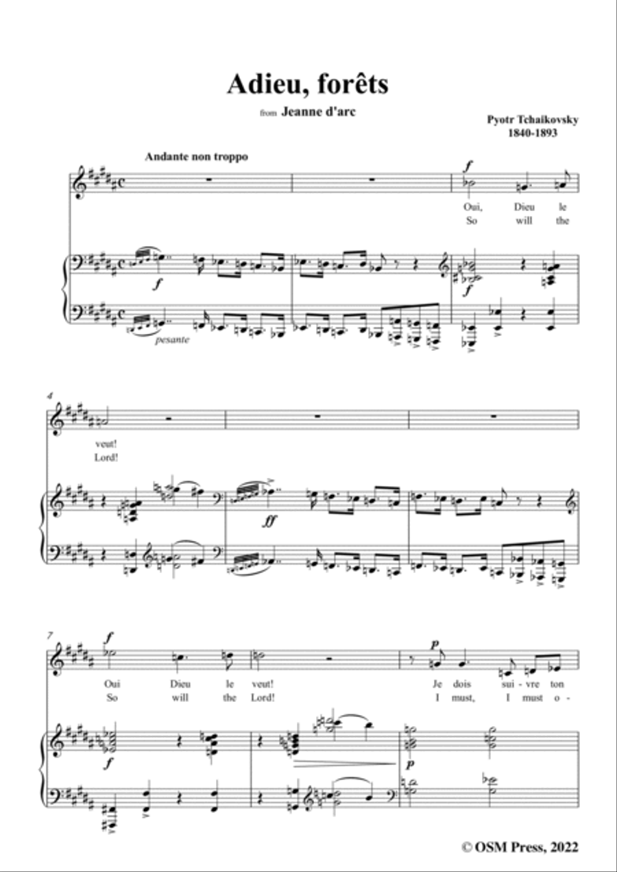 Tchaikovsky-Adieu,forêts,from Jeanne D'arc,in B Major,for Voice and Pinao Voice scores gallery preview page 3