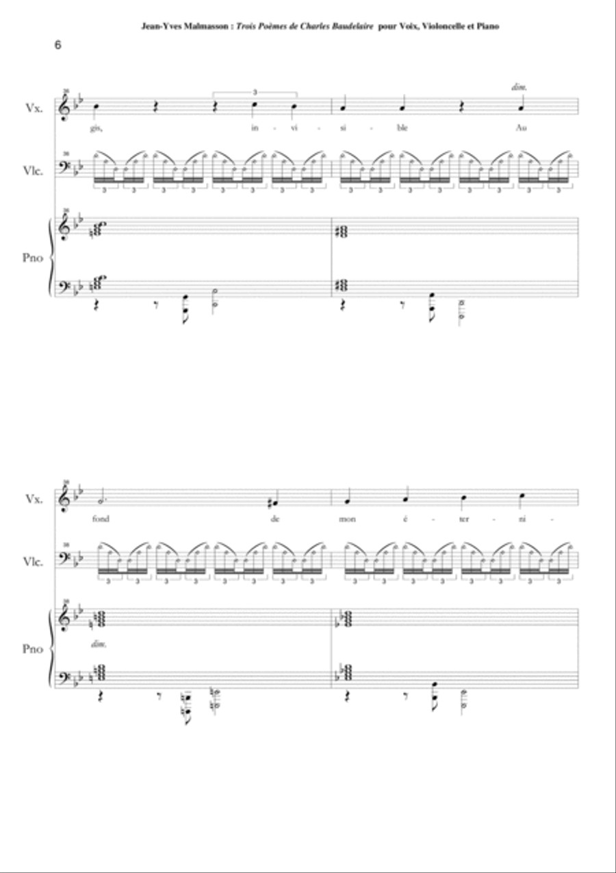 Jean-Yves Malmasson: Trois Poèmes de Charles Baudelaire for medium voice, violoncello and piano Small Ensemble scores gallery preview page 6