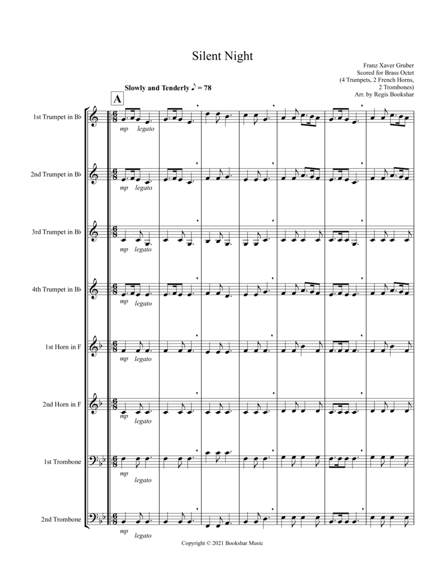 Silent Night (Bb) (Brass Octet - 4 Trp, 2 Hrn, 2 Trb) Brass Ensemble scores gallery preview page 1