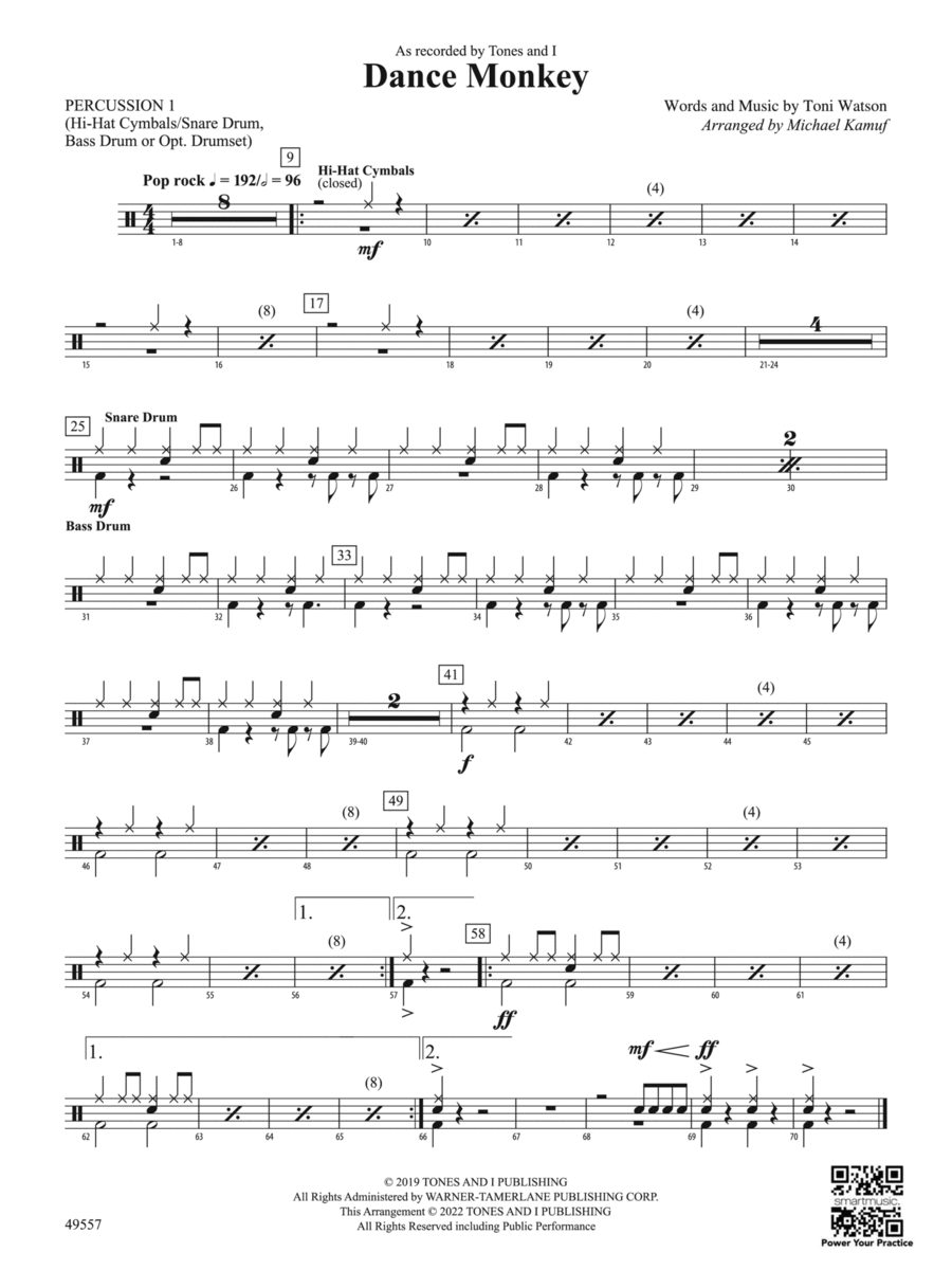 Dance Monkey: 1st Percussion Concert Band scores gallery preview page 1
