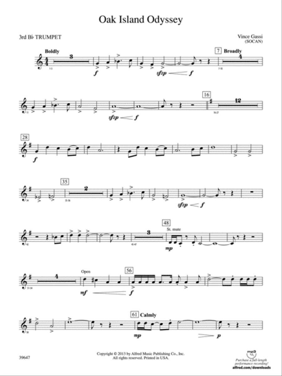 Oak Island Odyssey: 3rd B-flat Trumpet Concert Band scores gallery preview page 1
