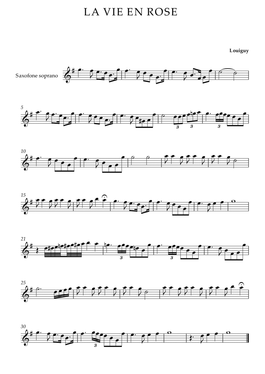 La Vie En Rose - Solo Saxofone Soprano Soprano Saxophone scores gallery preview page 1