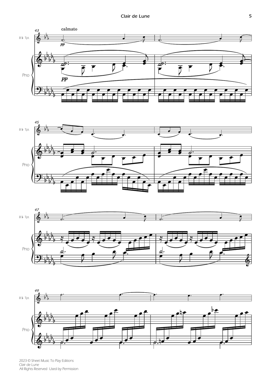 Clair de Lune by Debussy - Bb Trumpet and Piano (Full Score and Parts) B-Flat Trumpet scores gallery preview page 6