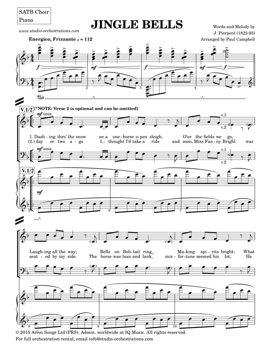 Jingle Bells (SATB, Piano PLUS bonus Percussion Part) image number null