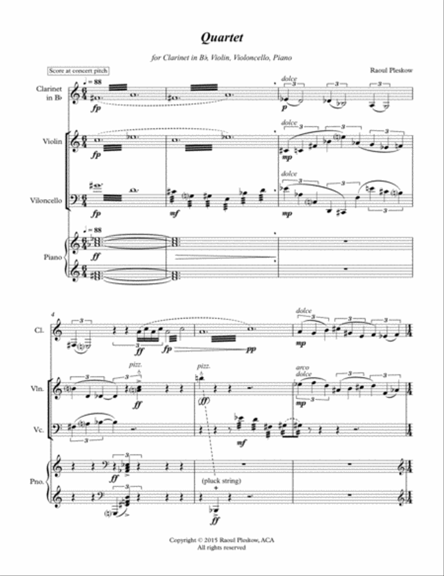 [Pleskow] Quartet for Clarinet, Violin, Cello, and Piano Small Ensemble scores gallery preview page 4