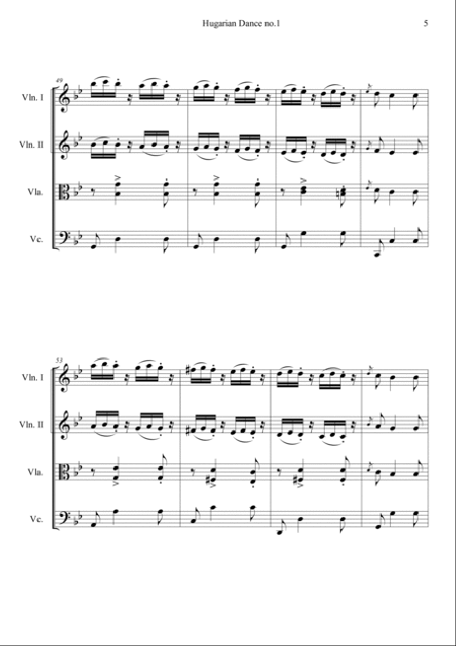 Hungarian Dances No.1 in G minor, Allegro molto String Quartet scores gallery preview page 5