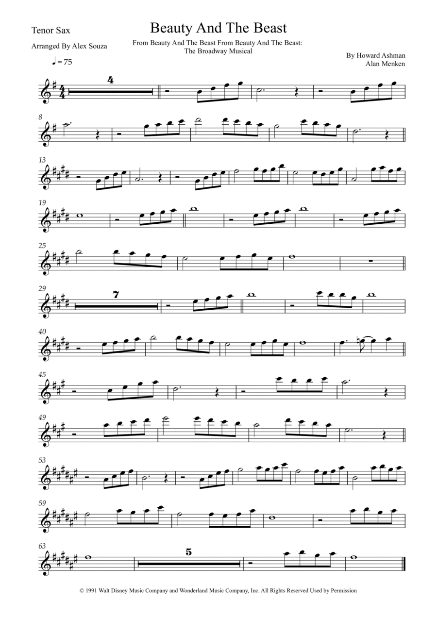 Beauty And The Beast Tenor Saxophone scores gallery preview page 1