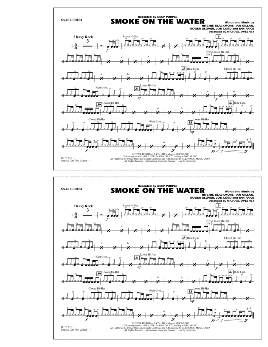 Smoke On The Water - Snare Drum Marching Band scores gallery preview page 1