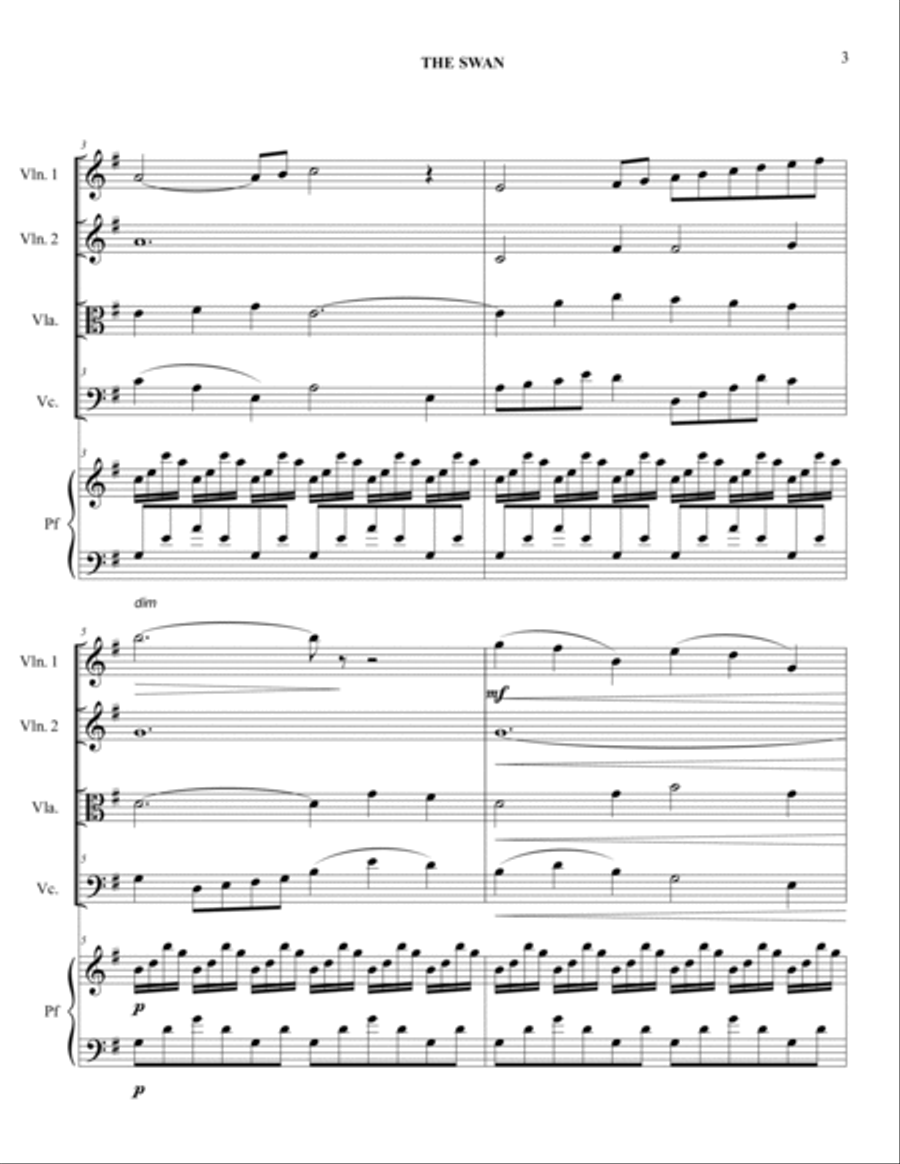 THE SWAN (LE CYGNE) - C. Saint Saens - Arr. for String quartet and Piano Piano Quintet scores gallery preview page 3