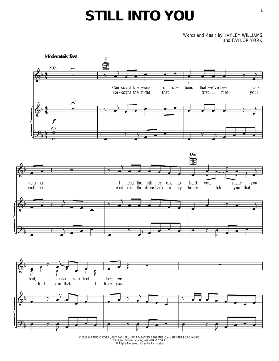 Still Into You Piano, Vocal, Guitar scores gallery preview page 1