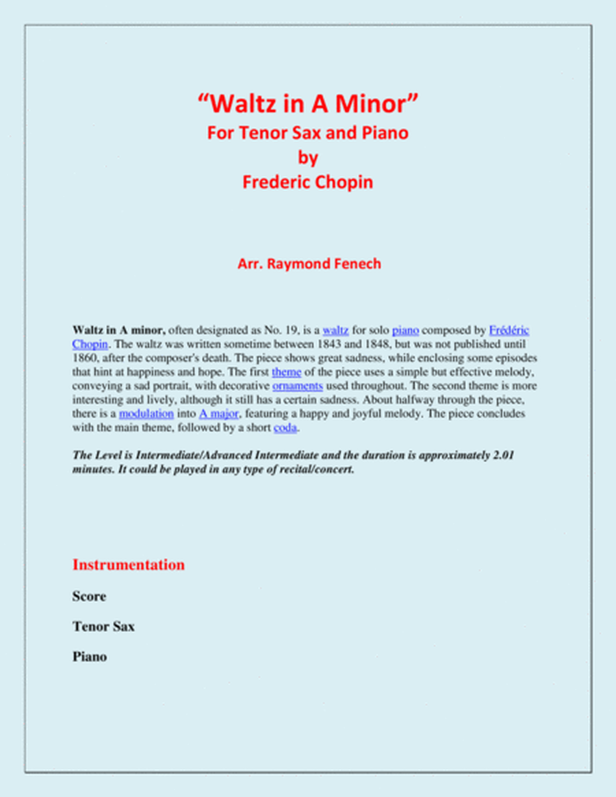 Waltz in A Minor (Chopin) - Tenor Saxophone and Piano - Chamber music image number null