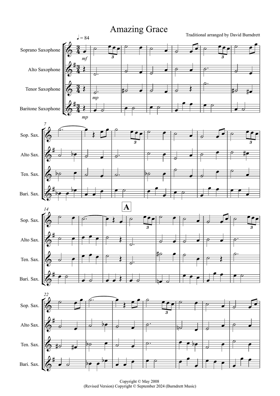 Amazing Grace for Saxophone Quartet Saxophone Quartet scores gallery preview page 1