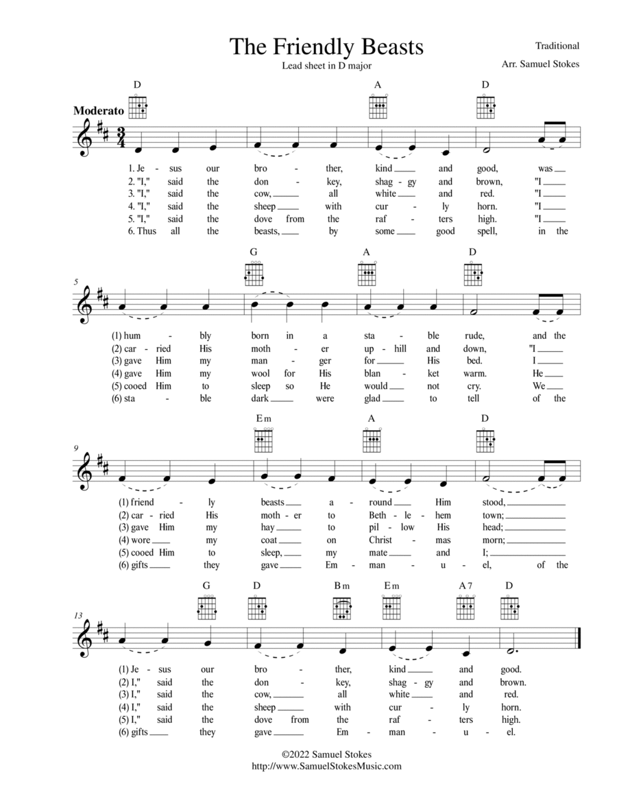 The Friendly Beasts - Lead sheet in D major Piano, Vocal, Guitar scores gallery preview page 1
