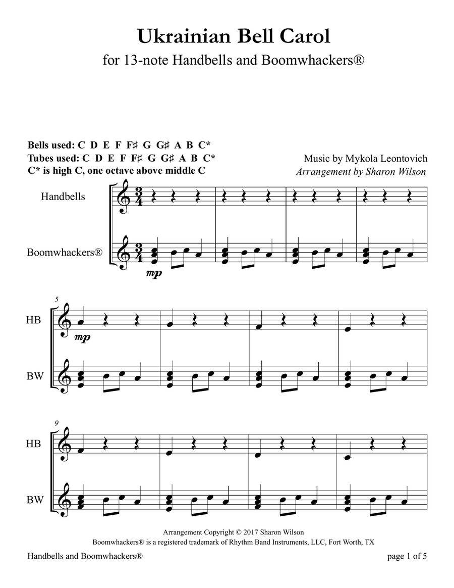 Ukrainian Bell Carol (for 13-note Bells and Boomwhackers with Black and White Notes) Handbell Choir scores gallery preview page 5