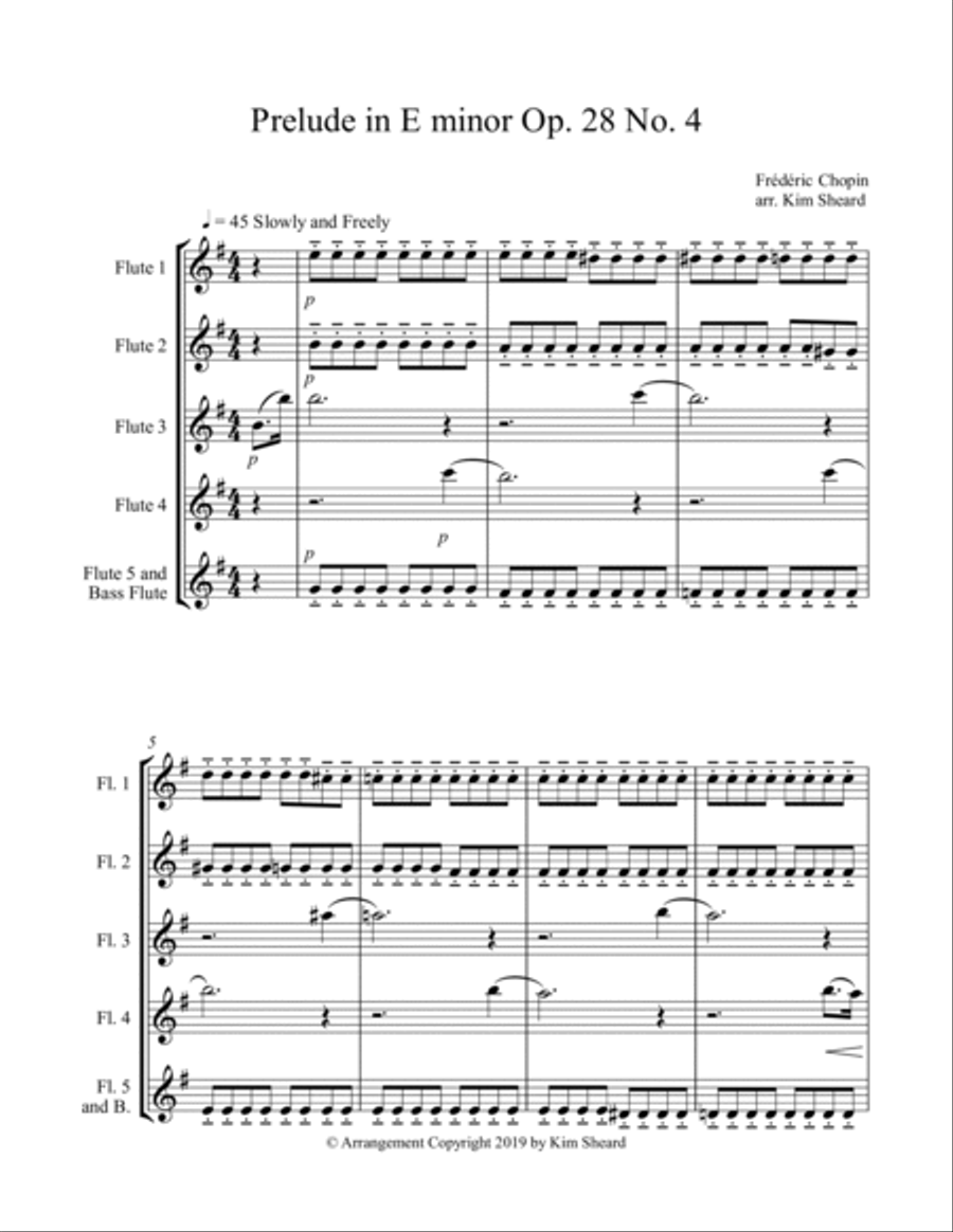 Prelude in E minor Op. 28 No. 4 arranged for 5 C flutes with optional bass flute Woodwind Ensemble scores gallery preview page 3