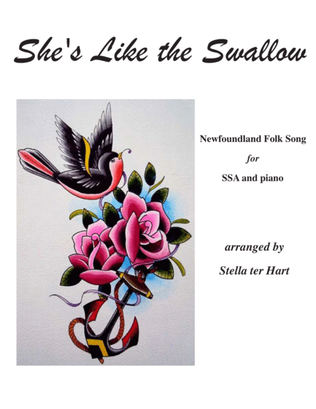 Book cover for She's Like the Swallow for SSA choir and piano. Newfoundland folk song ballad.