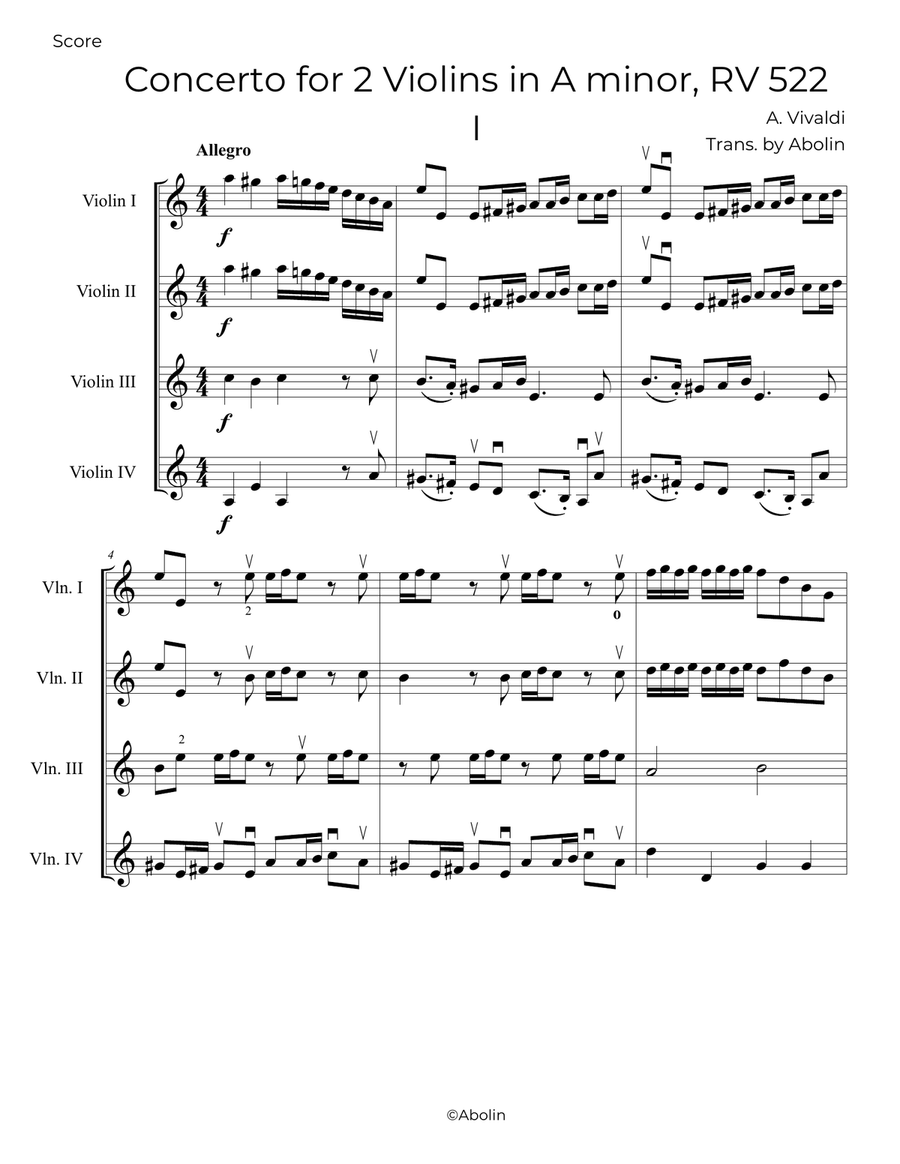 Vivaldi: Concerto for 2 Violins in A minor, Op.3 No.8, RV 522, Arranged for Violin Quartet Chamber Music scores gallery preview page 2