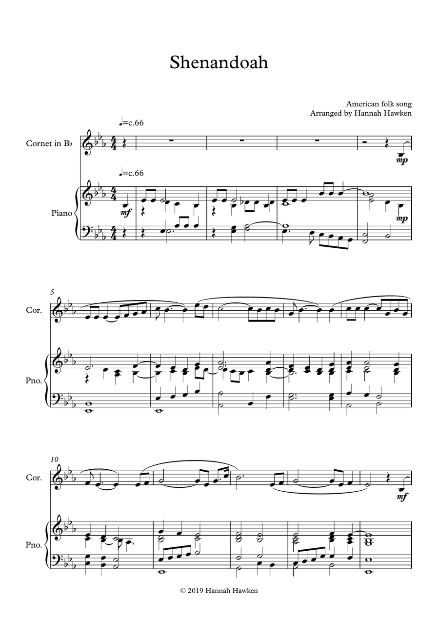 Shenandoah - Cornet/Flugel/Trumpet (or other Bb soloist) and Piano Cornet scores gallery preview page 1