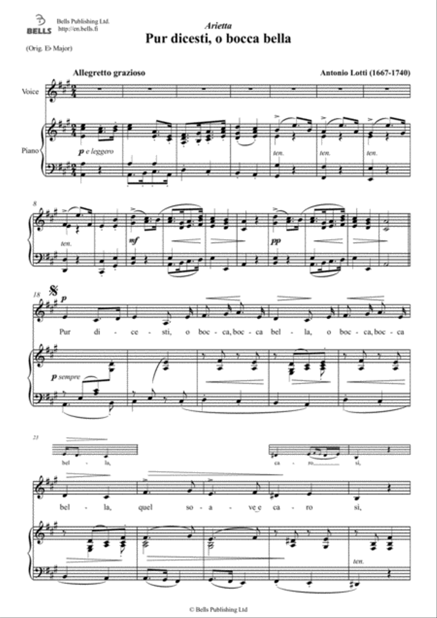 Pur dicesti, o bocca bella (A Major) Voice Solo scores gallery preview page 1