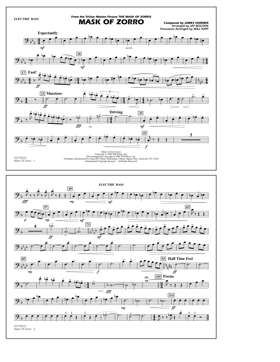 Mask of Zorro (arr. Jay Bocook) - Electric Bass Marching Band scores gallery preview page 1