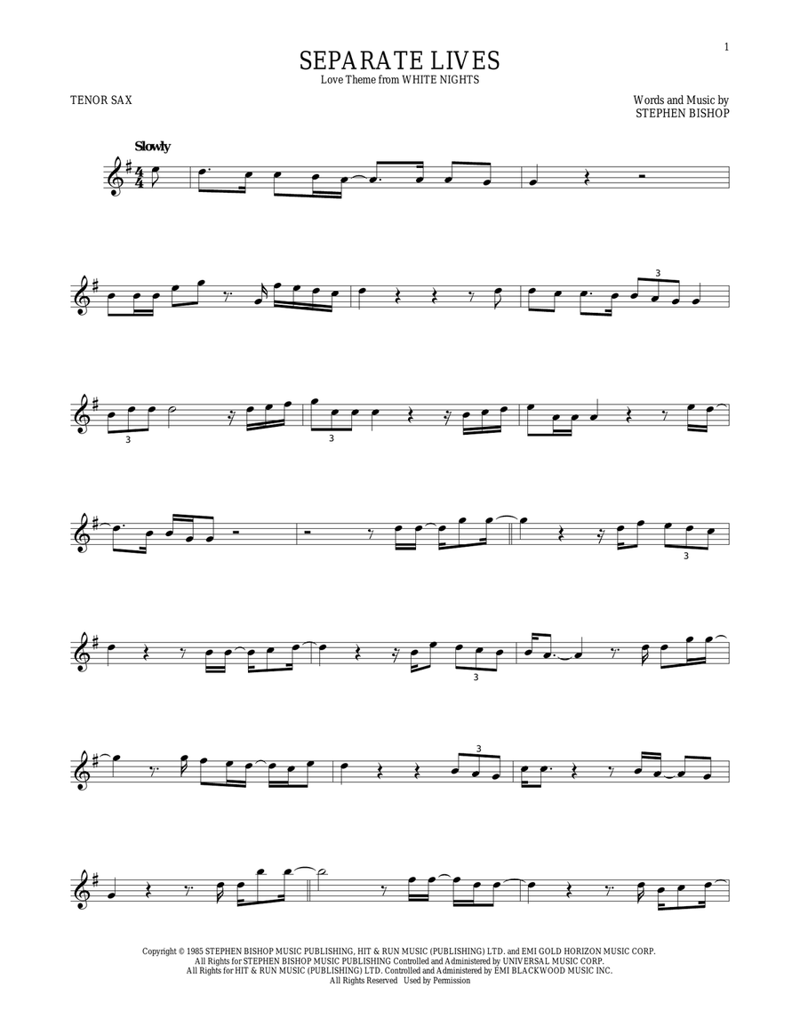Separate Lives Separate Lives Tenor Saxophone scores gallery preview page 1