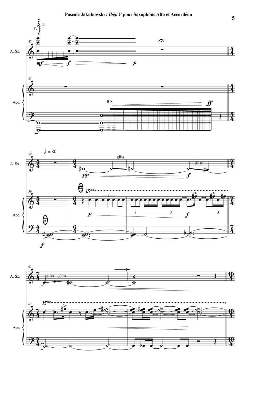 Pascale Jakubowski : Ibéji IV for alto saxophone and accordion Chamber Music scores gallery preview page 5