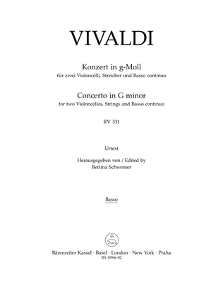 Book cover for Concerto for two Violoncellos, Strings and Basso continuo in G minor RV 531