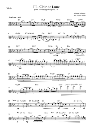 Book cover for Clair de Lune (C. Debussy) for Viola Solo with Chords (Db Major)