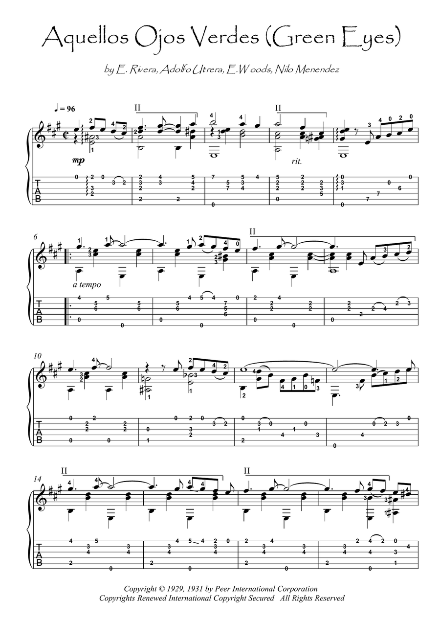 Aquellos Ojos Verdes (green Eyes) Classical Guitar scores gallery preview page 1