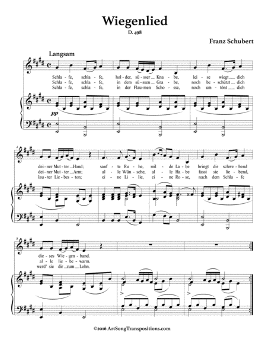 SCHUBERT: Wiegenlied, D. 498 (transposed to E major) Voice scores gallery preview page 2