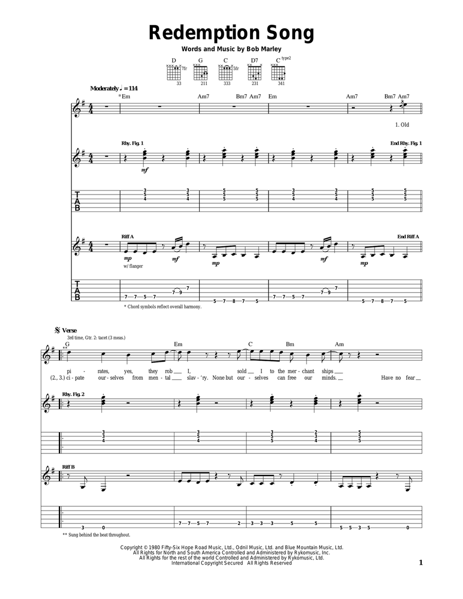 Redemption Song Electric Guitar scores gallery preview page 1