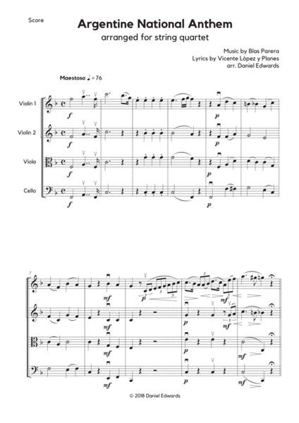 Argentine National Anthem (Himno Nacional Argentino) Short version - arranged for string quartet image number null