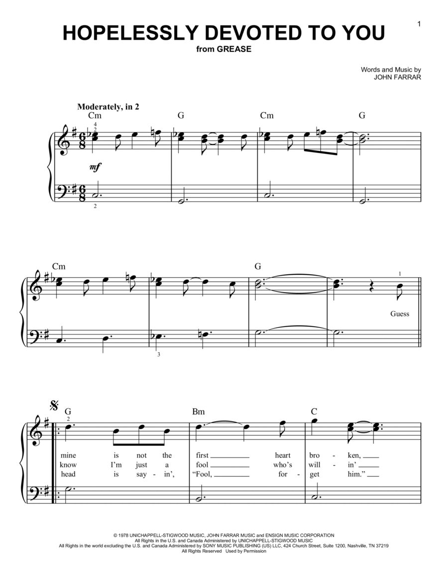 Hopelessly Devoted To You (from Grease) Easy Piano scores gallery preview page 1