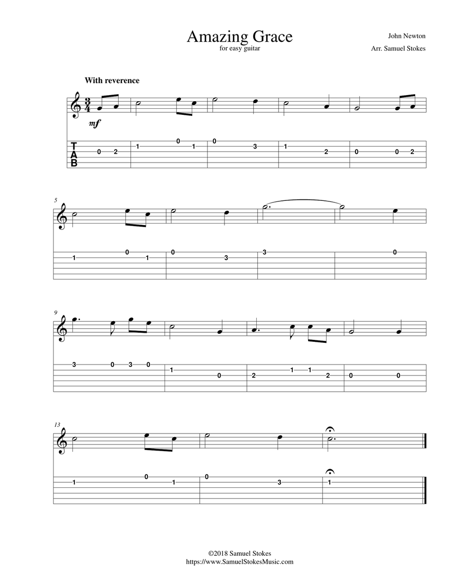 Amazing Grace - for easy guitar with TAB Guitar Tablature scores gallery preview page 1