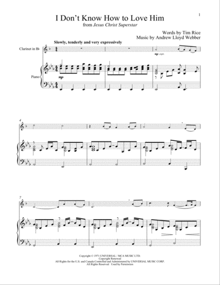 I Don't Know How To Love Him (from Jesus Christ Superstar) Clarinet Solo scores gallery preview page 1