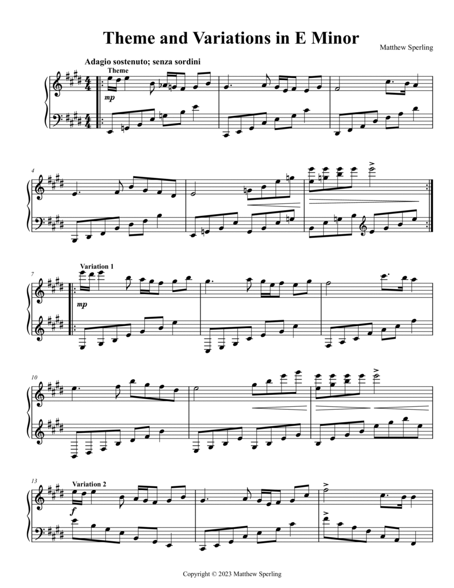 Theme and Variations in E Minor Piano Solo scores gallery preview page 1