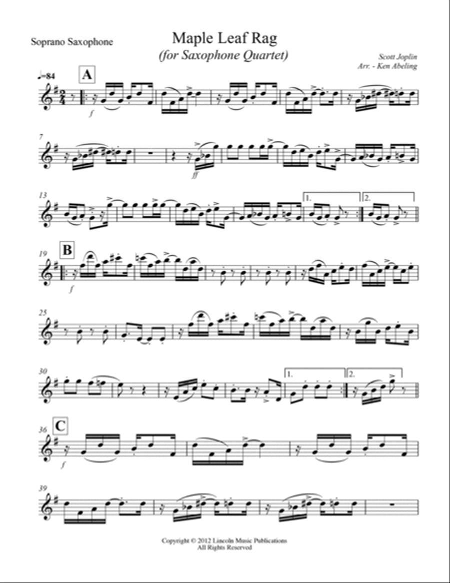 Joplin - “Maple Leaf Rag” (for Saxophone Quartet SATB) Saxophone Quartet scores gallery preview page 5