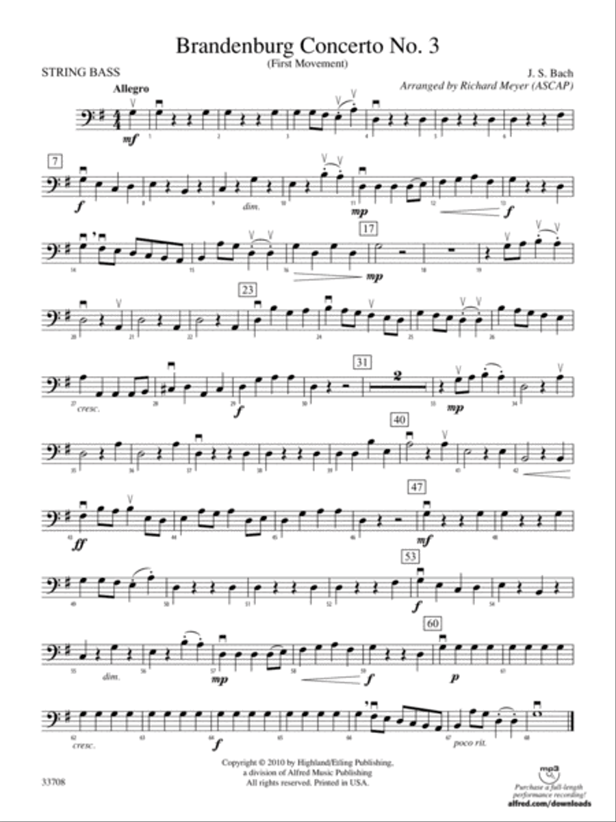 Brandenburg Concerto No. 3 (First Movement): String Bass String Orchestra scores gallery preview page 1
