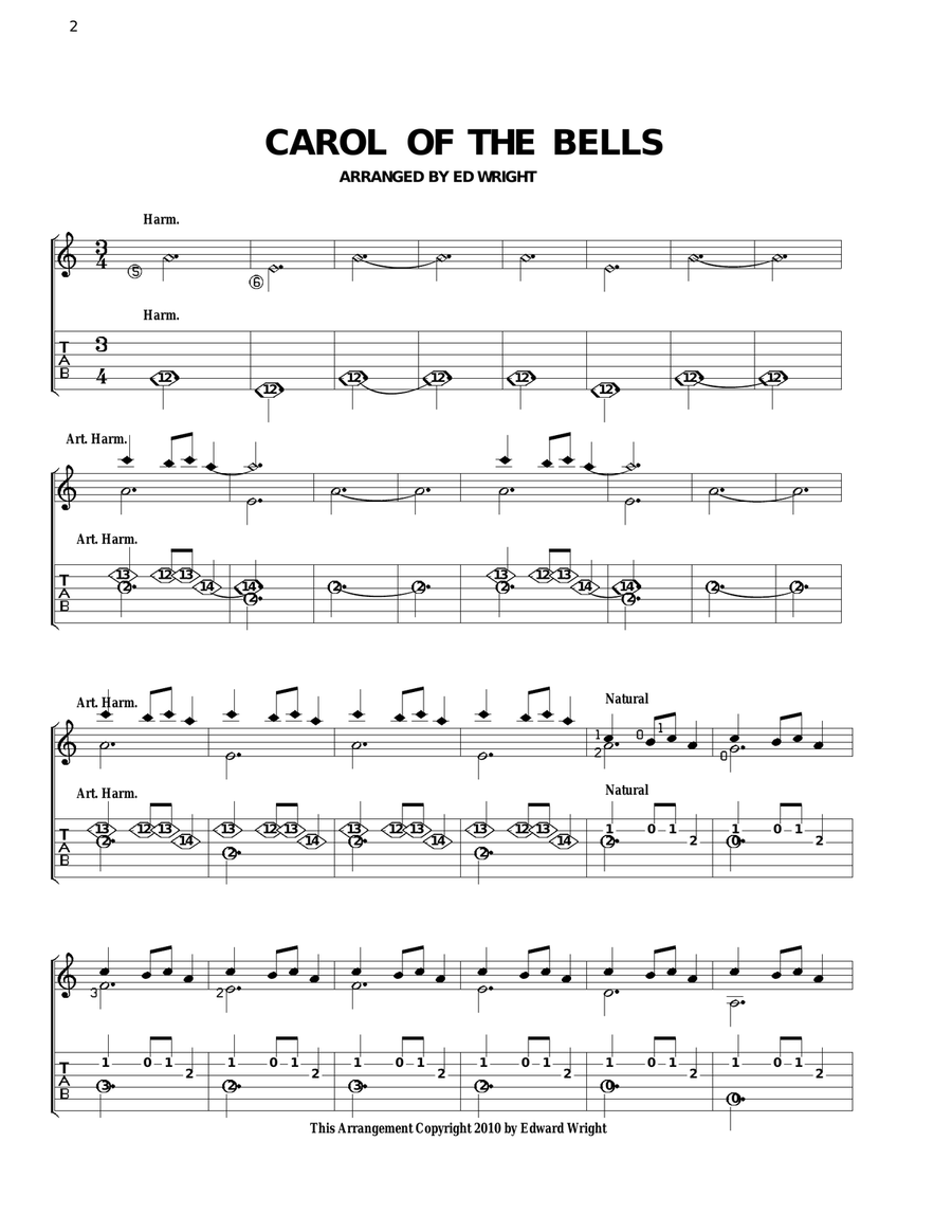 Carol of the Bells Arranged for Solo Guitar Guitar Tablature