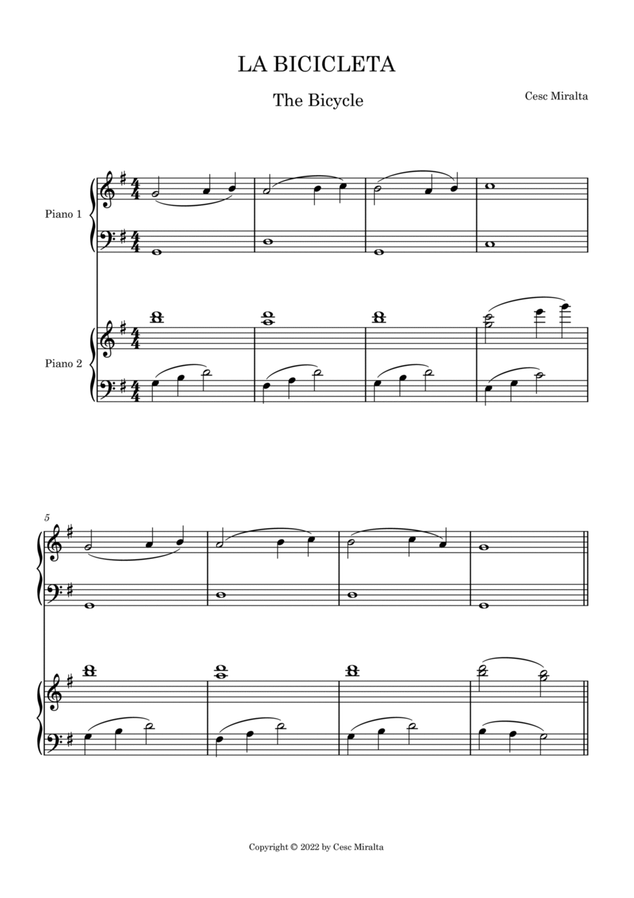 LA BICICLETA Pno Duet Easy Piano scores gallery preview page 1