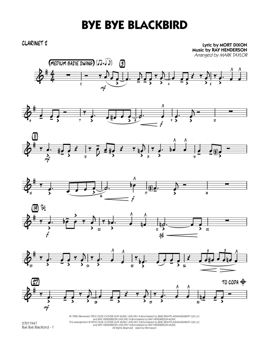 Bye Bye Blackbird - Bb Clarinet 2 Jazz Ensemble scores gallery preview page 1