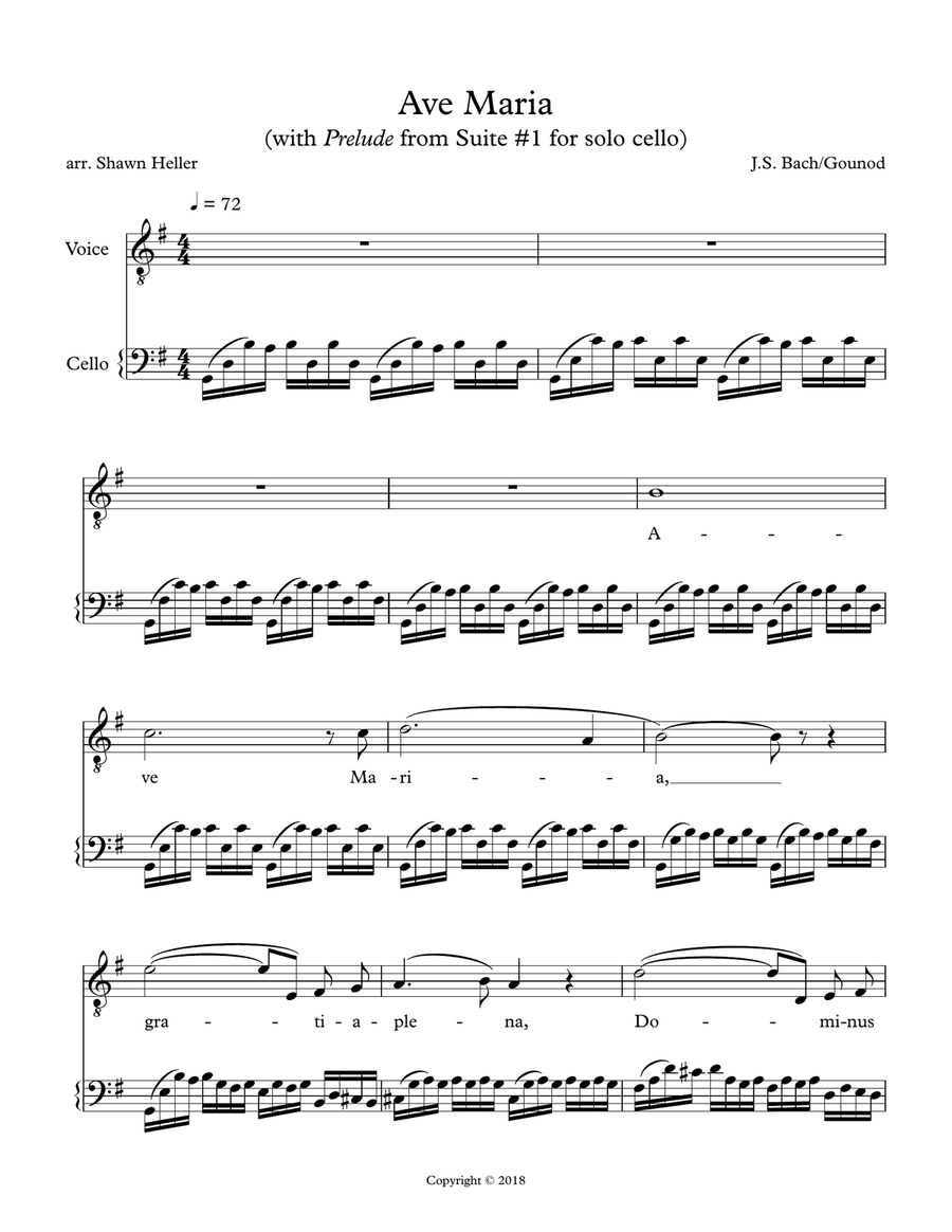 Ave Maria arranged with Bach's Cello Prelude #1 as accompaniment Unison Choir scores gallery preview page 2