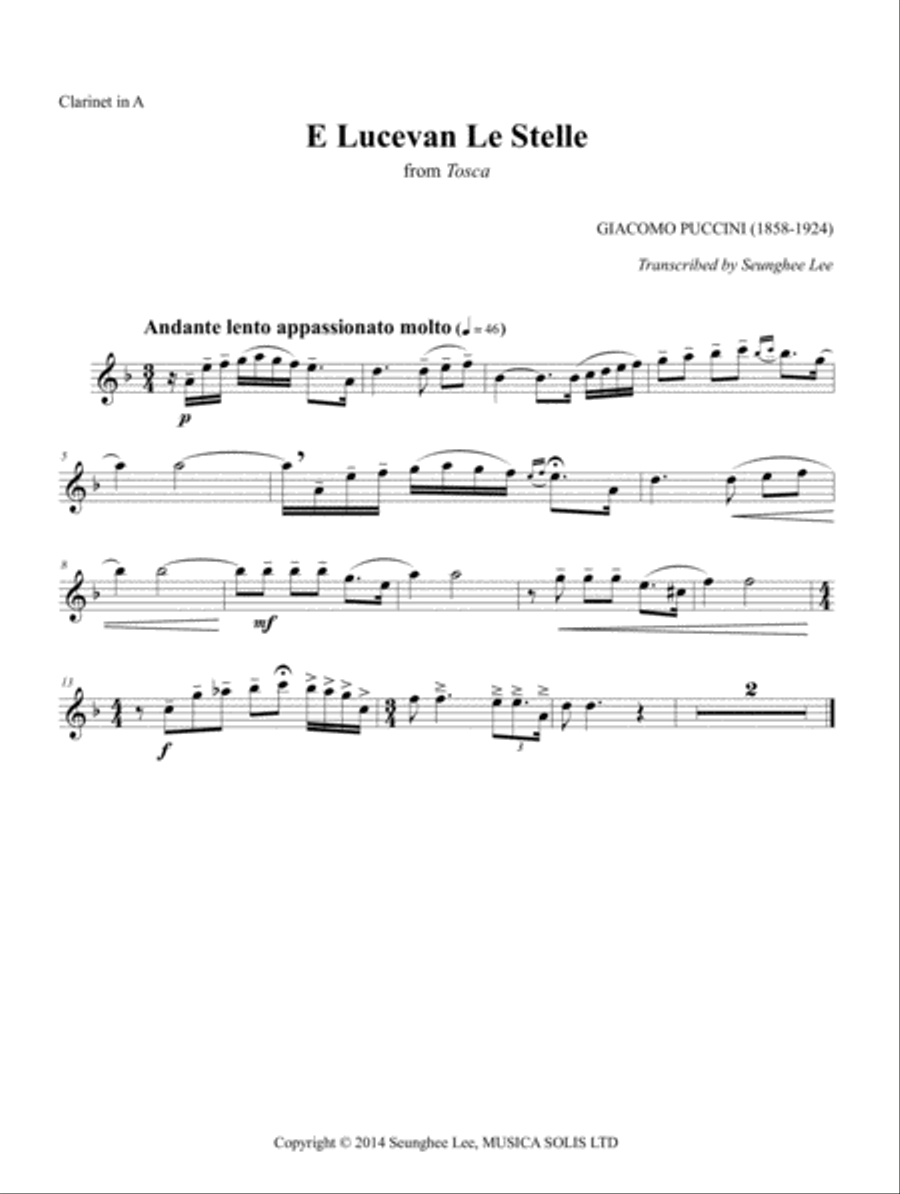 Giacomo Puccini: Tosca E Lucevan Le Stelle for Clarinet and Piano Clarinet Solo scores gallery preview page 2