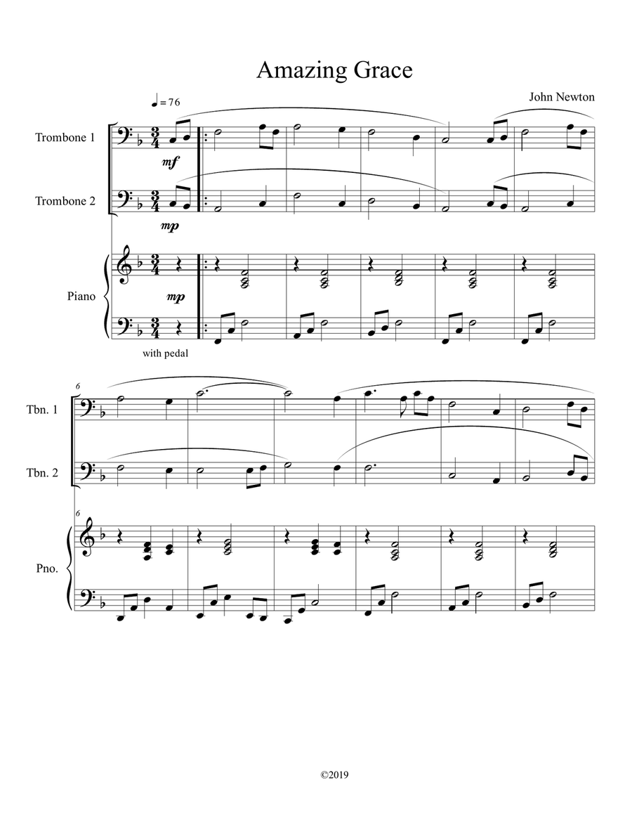 Amazing Grace (trombone duet with piano accompaniment) Trombone Duet scores gallery preview page 1