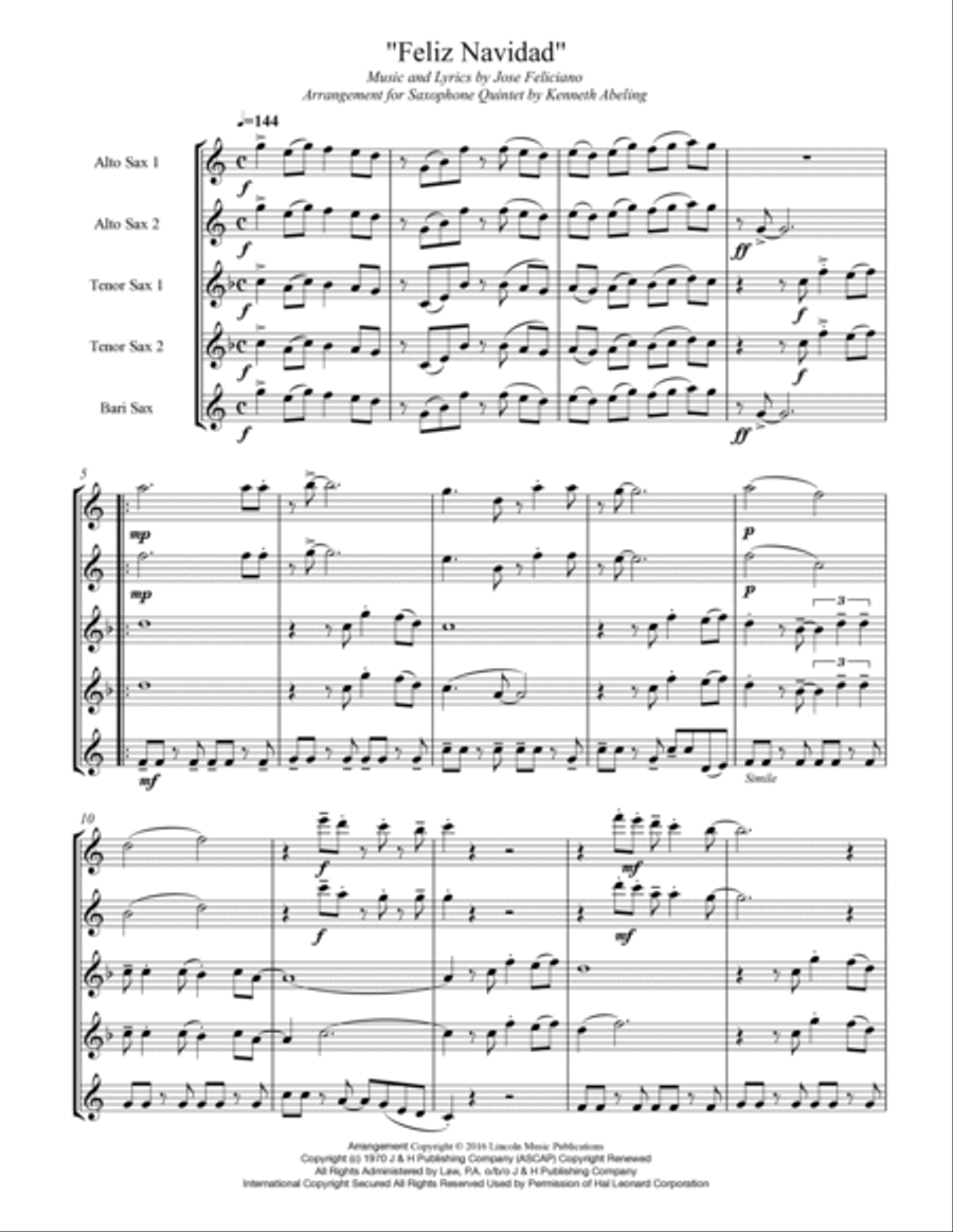 Feliz Navidad Saxophone Quintet scores gallery preview page 2